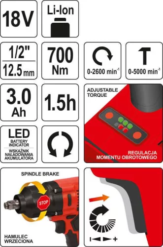 YATO YT-82806 Akkus ütvecsavarozó 700 Nm szénkefe nélküli 18 V Li-Ion (1 x 3,0 Ah akku + töltő)