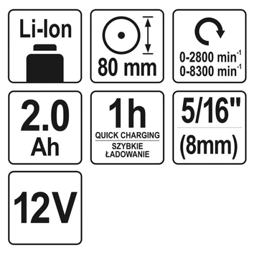 YATO YT-82903 Akkus polírozó 80 mm 12 V Li-Ion (1 x 2,0 Ah akku + töltő)