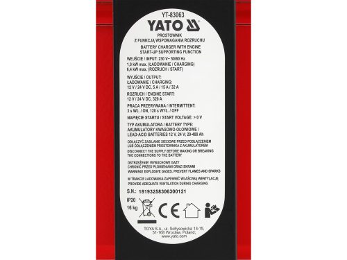 YATO YT-83063 Akkumulátor töltő és indító 12/24V 230V 20 - 400Ah