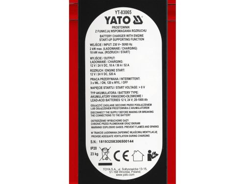 YATO YT-83065 Akkumulátor töltő és indító 12/24V 230V 20 - 1000Ah