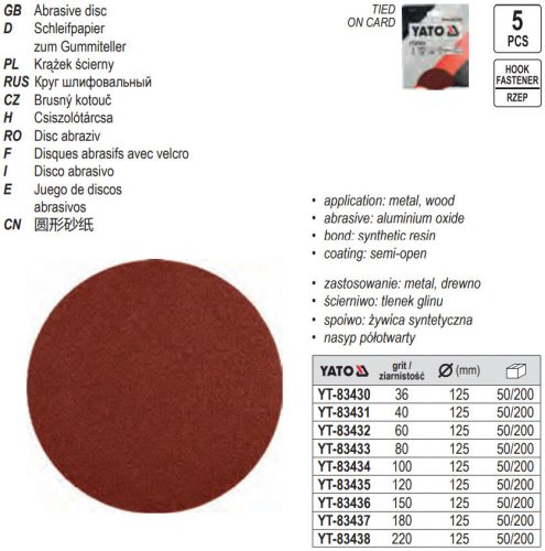 YATO YT-83431 Tépőzáras fíbertárcsa 125 mm / P40 (5 db/cs)