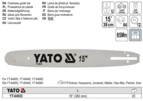 YATO YT-84933 Láncfűrész láncvezető 15" 0,325" 1,3 mm