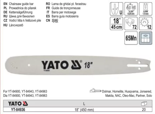 YATO YT-84936 Láncfűrész láncvezető 18" 0,325" 1,5 mm