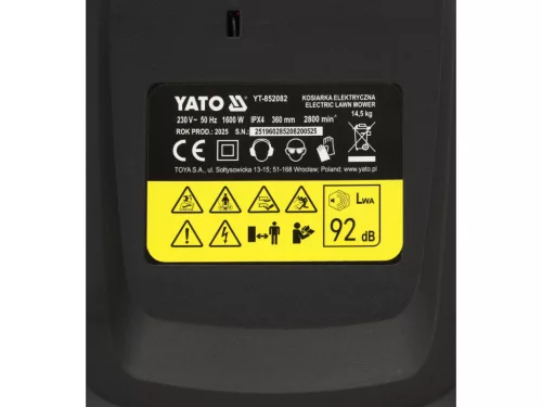 YATO YT-852082 Elektromos fűnyíró 1600V indukciós motorral 360mm