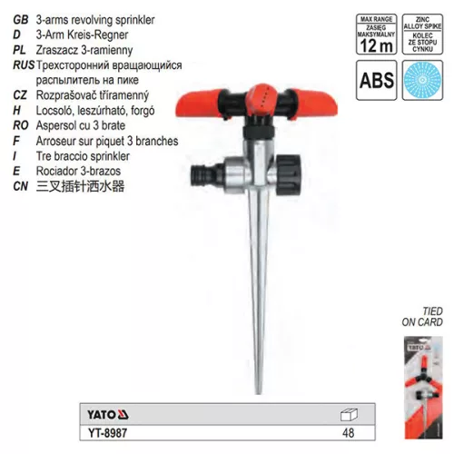 YATO YT-8987 Forgó locsoló fémleszúróval 3 karos 12 m